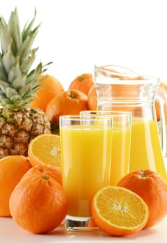 Composition with glass of orange juice and fruits