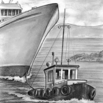 A smaller boat pulling a much bigger passenger ocean liner.