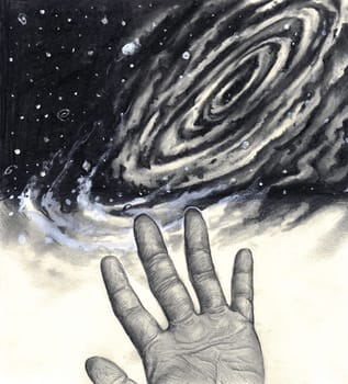 A black and white illustration of a hand with the palm side revealed, its fingerprints and palm prints in detail, reaching up towards the stars and heavenly universe above in space.