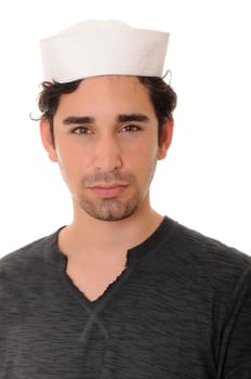 Young man wearing a sailor&#039 s cap isolated over white