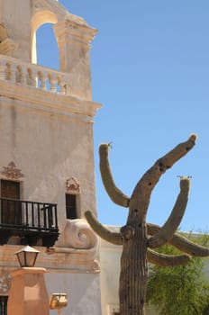 Detail of Spanish mission San Xavier del Bac started in 1692 by Spanish missionaries in the Americas