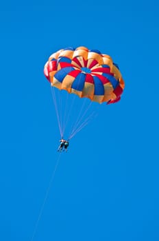 Photo of two people parasailing under blue sky.