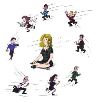 A woman quietly sits meditating in the middle of eight smaller men and women running around her in a counter clockwise direction. The eight men and women doing various things run in circles.
