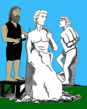 Man with chisel and mallet sculpts a male from a big block of marble. Statue in back is "Rebellious Slave"" created 1513-1516."