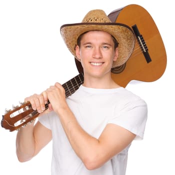 Studio shot of a young man with a guitar