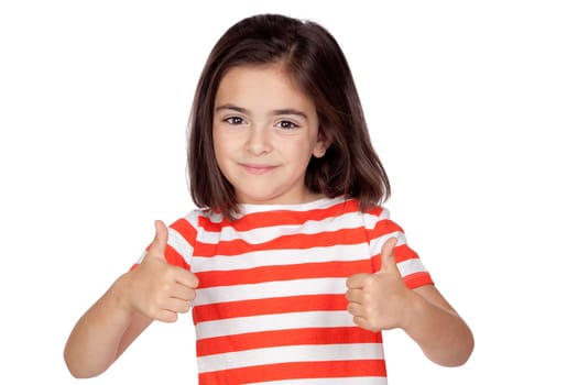 Brunette little girl saying Ok isolated on a over white background