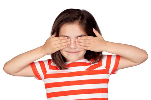 Brunette little girl covering the eyes isolated on a over white background