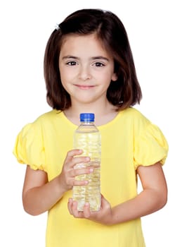 Brunette little girl with a water bottle isolated on a over white background