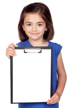 Brunette little girl with clipboard isolated on a over white background