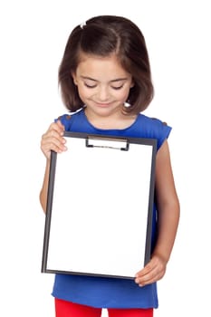 Brunette little girl with clipboard isolated on a over white background