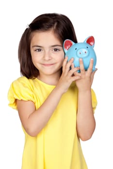 Brunette little girl with a blue moneybox isolated on a over white background