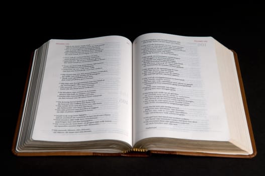 Closeup of a Dutch Bible on a black background