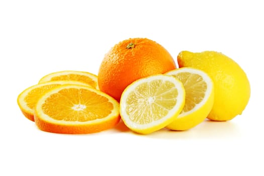 Orange and lemon with slices isolated against white background