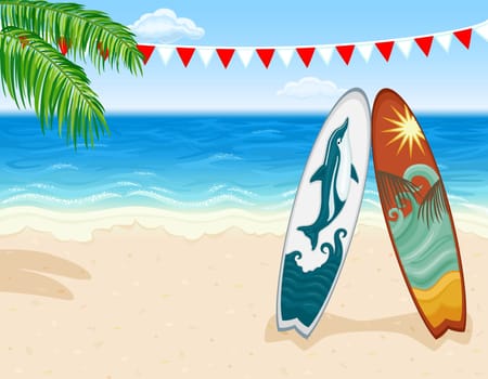 Vacation in paradise - surfing at tropical beach.