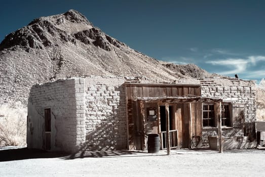 Old style western adobe building mountain background