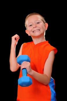 A Young boy fitness training with weights