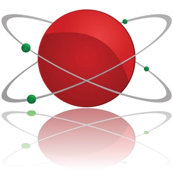Glossy illustration showing an atom with a red core and green electrons