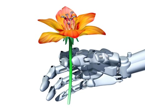 Illustration of a robot gently holding an orange flower