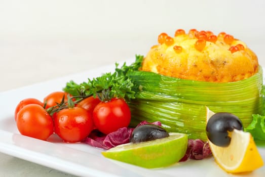 Tasty dish of salmon with omelette and philadelphia cheese