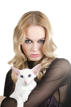 beauty young blond woman with oriental shorthair cat on a white