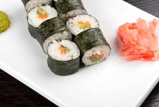 Hokkaido maki: sushi rool of avocado, nori, salmon
