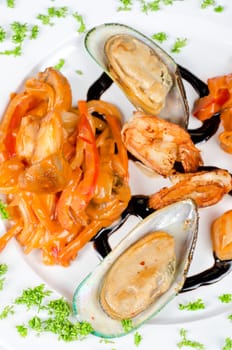 Shrimps mussels and squid tasty seafood dish