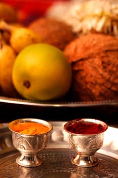 Haldi and kumkum arranged at an indian ceremony