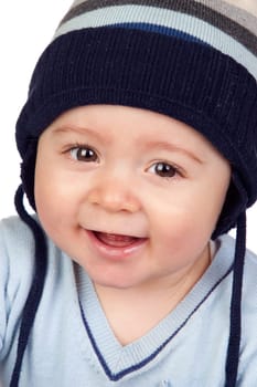 Beautiful baby with wool cap isolated on white background