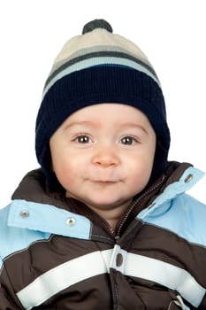 Beautiful baby with wool cap isolated on white background