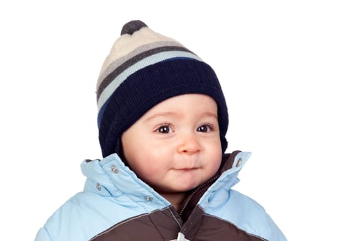 Beautiful baby with wool cap isolated on white background