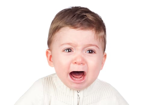 Beautiful baby crying isolated on white background