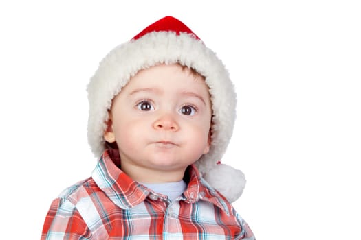 Beautiful baby with Christmas hat isolated on white background