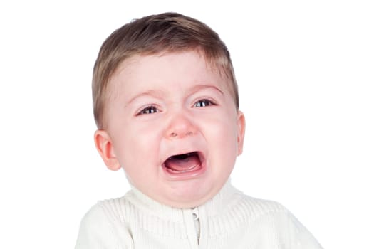 Beautiful baby crying isolated on white background