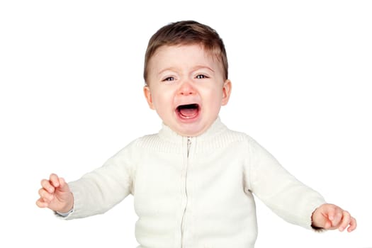 Beautiful baby crying isolated on white background