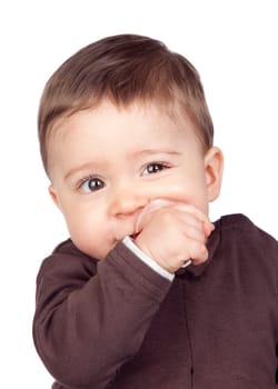 Beautiful baby with a pacifier isolated on white background