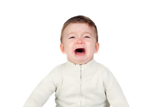 Beautiful baby crying isolated on white background