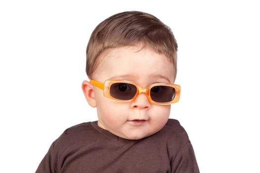Beautiful baby with sunglasses isolated on white background