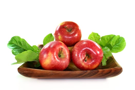 Apples and leaves against white background