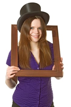 Attractive young woman with chapeu claque isolated on white background
