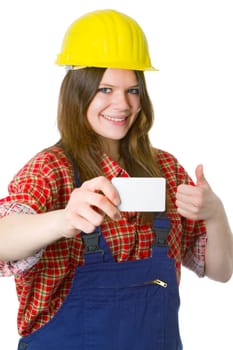 Young craftswoman handing over a business card isolated on white background