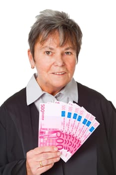 Female lawyer with banknotes isolated on white background