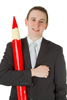Friendly businessman with red pencil isolated on white background