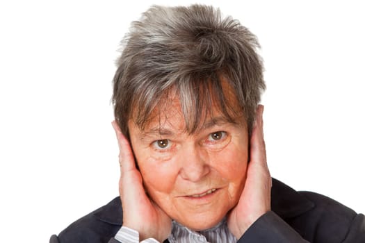 Senior woman outdoors on white background