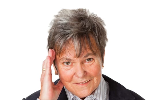 Senior woman outdoors on white background