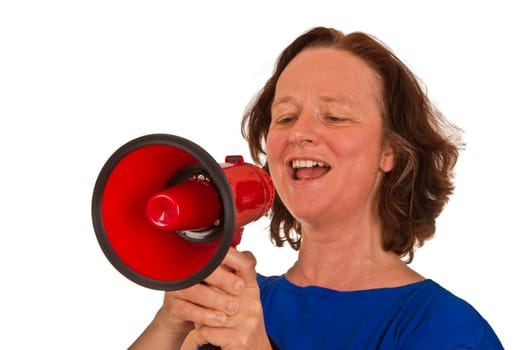 Mature woman with megaphone isolated on white background