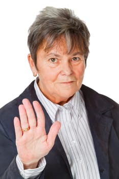 Senior woman outdoors on white background