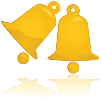 Glossy illustration showing golden Christmas bells reflected over a white surface