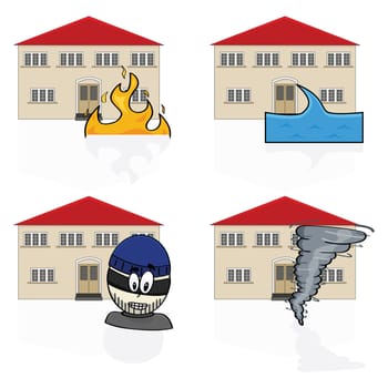 Illustration of an icon set showing a house with different hazards covered by insurance, such as fire, flooding, burglary and tornadoes
