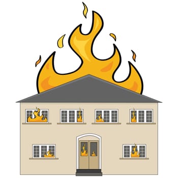 Cartoon illustration showing a two-storey house on fire