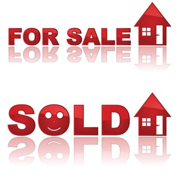 Set of two glossy real estate signs showing a house for sale and another one sold